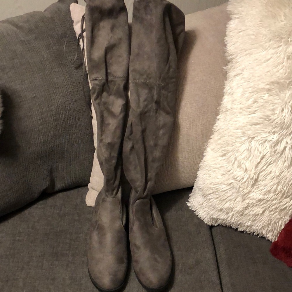 Gray suede knee high boots!